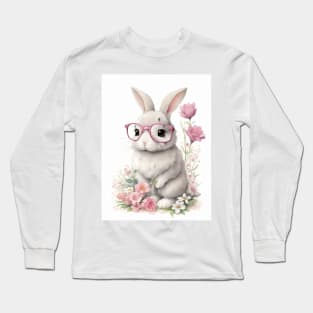 Bunny with pink glasses and flowers Long Sleeve T-Shirt